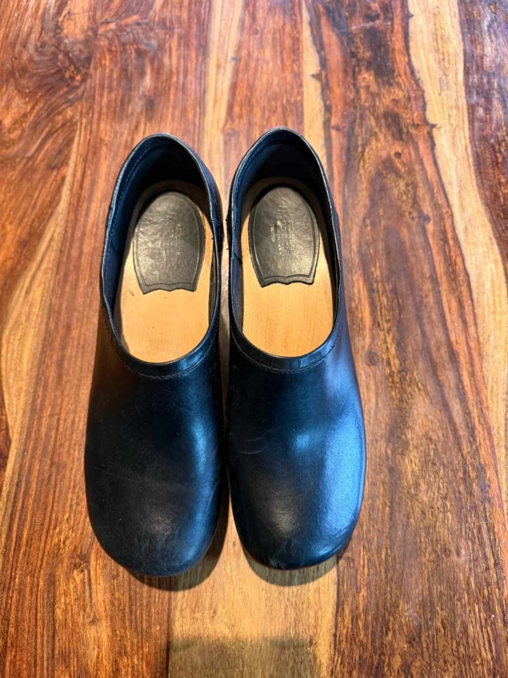 Swedish Hasbeens Black Leather Clog Mules with Wood Heel